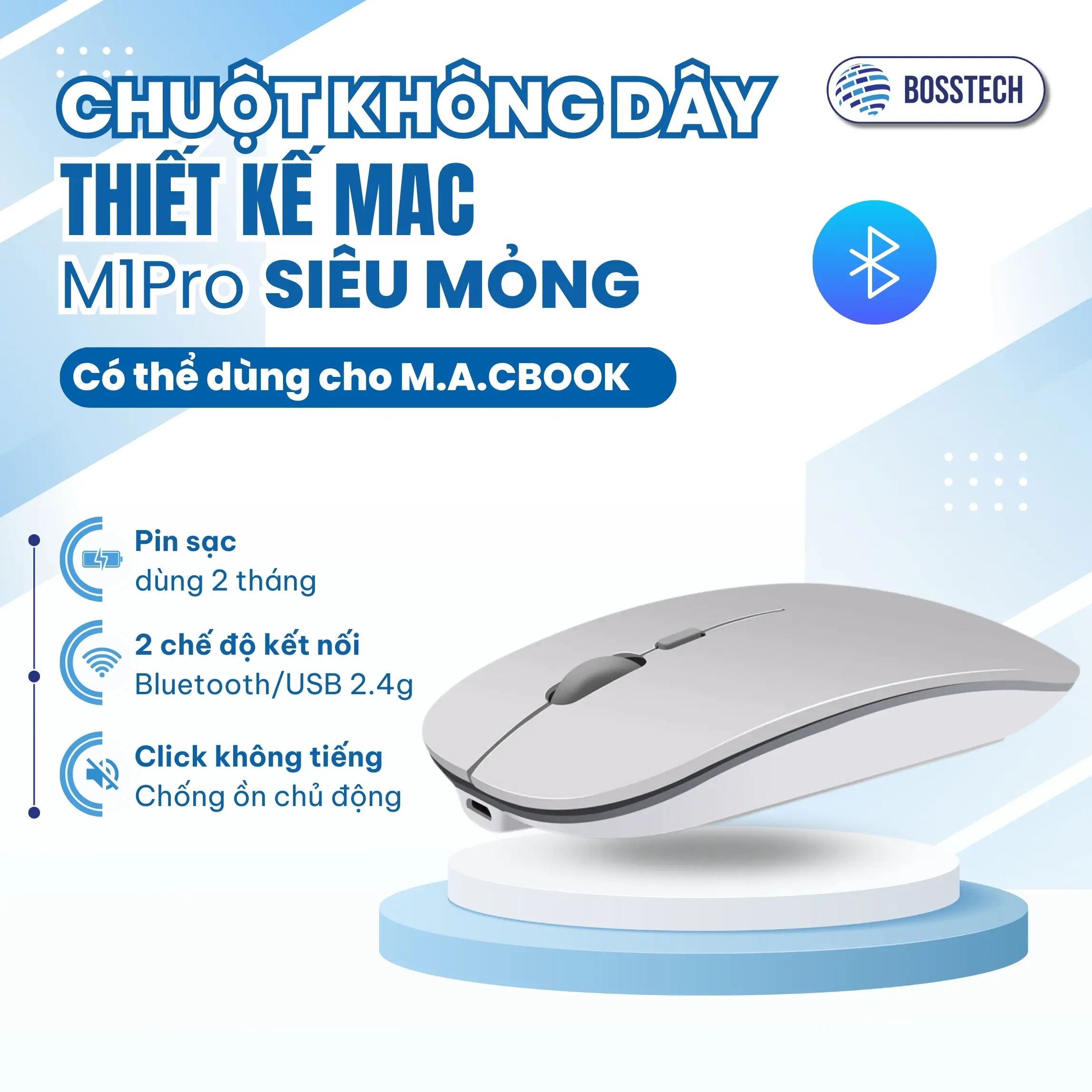 Chuột Không Dây Bluetooth M1Pro BOSSTECH Thiết Kế Siêu Mỏng, 2 Chế độ kết nối, Pin Sạc, Có Thể Kết Nối Macbook, Nhiều Màu