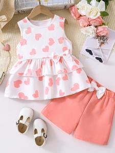 Toddler Girl's Heart Print Sweater Tank Top & Bow Decor Shorts Two-Piece Set, Casual Sleeveless Round Neck Top & Shorts for Summer, Kids Clothes for Daily Wear