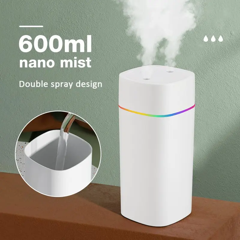 600ML Double Nozzle Aroma Humidifier, USB Powered Air Humidifier with Colorful Atmosphere Light, Portable Air Humidifier for Home Office Car 7
