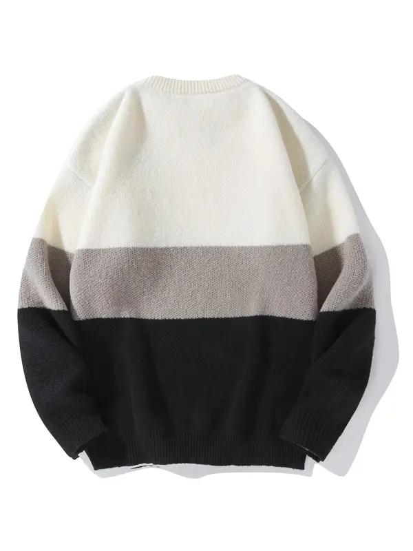 Unisex Men's Loose Colorblock Striped Print Drop Shoulder Crew Neck Sweater, Casual Long Sleeve Round Neck Jumper Tops for Fall & Winter, Menswear 3