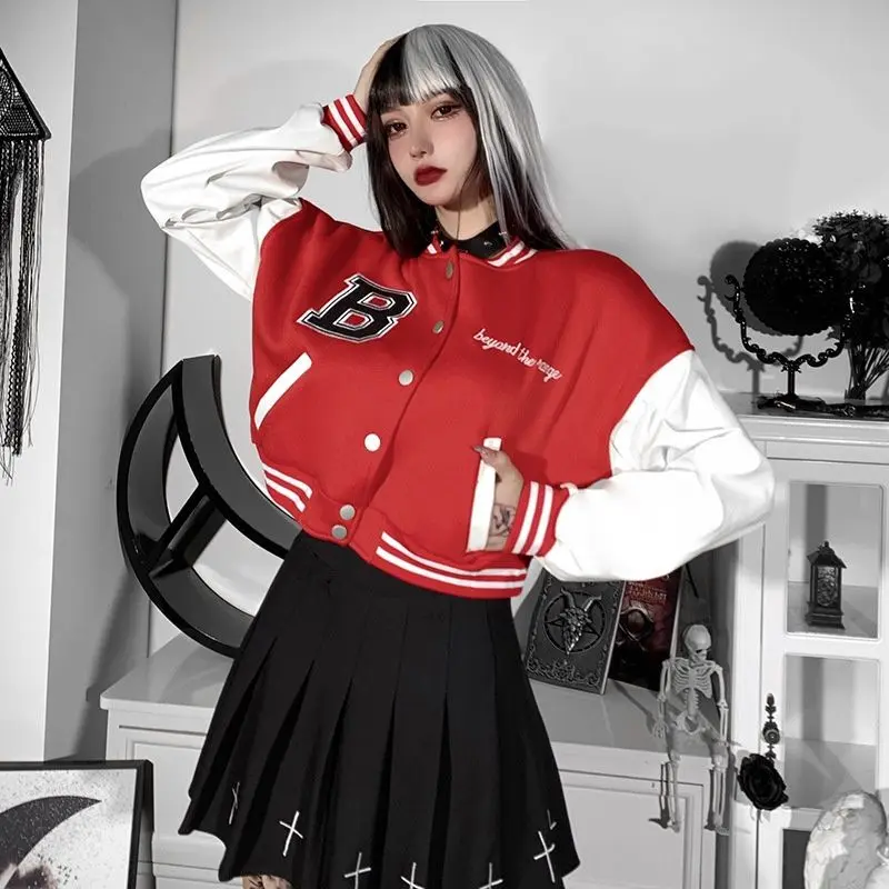 Jaket Baseball Varsity CROP Big Size ( S - 6XL ) LOGO B BEYOND Korean Style Boy Girl Jaket Croptop Bomber FLeece Mix Kombinasi 2 Warna Two Tone Street Style Cropped Slim-fitting Panjang Printing Sablon High Oversize Sweater Keren Biru Nyaman Variasi 5