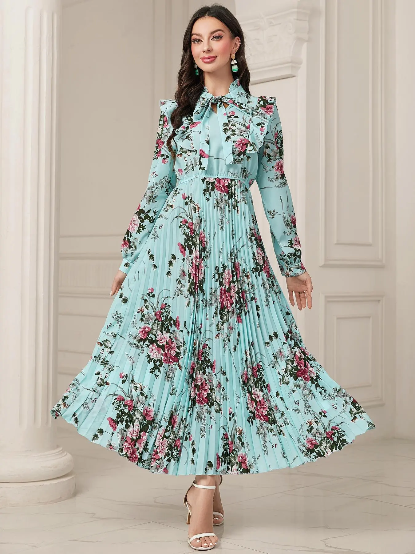 Women's Floral Print Ruffle Trim Pleated Dress, Boho Long Sleeve Tie Neck A-line Dresses, Summer Outfits 2024, Women Spring & Fall Clothes for Holiday Vacation, Ditsy Floral Dress,  Ditsy Floral Dress