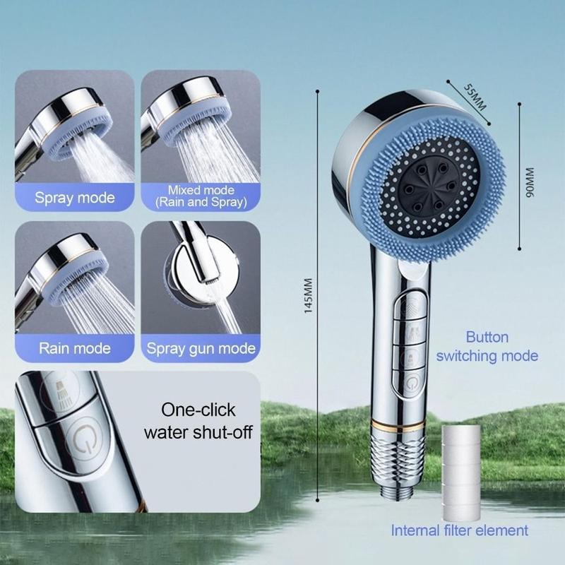 Product Introduction of New 4 Modes Shower Head One-Key Stop with Filter Element High Pressure Showerhead Water Massage Shower Sprayer Head Bathroom Accessories 17