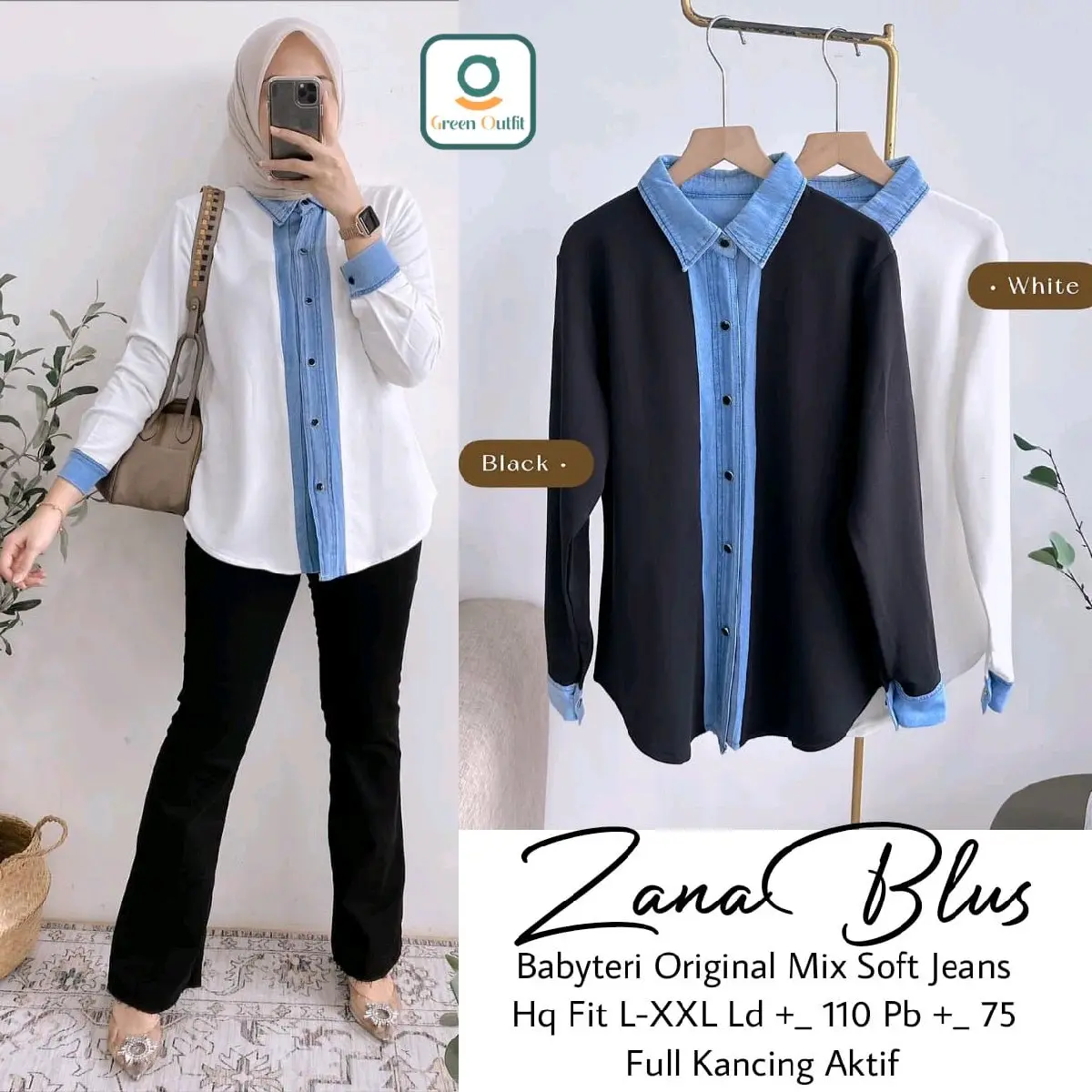 Zana blouse by GREEN OUTFIT (atasan blouse kemeja polos bahan babyterry mix jeanswash,NEW)