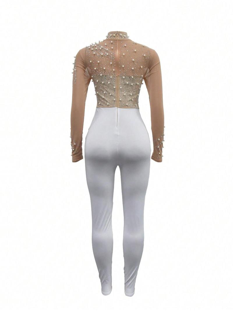Product Introduction of Women's Rhinestone Decor Sheer Mesh Jumpsuit, Elegant Mock Neck Sleeveless Jumpsuit for Party Club Dating, Women's Clothing for Fall 8