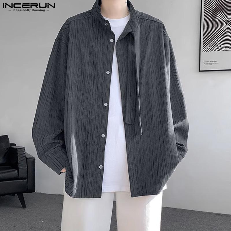 INCERUN Men Fashion Ribbon Tie Design Shirts Casual Simple Solid ...