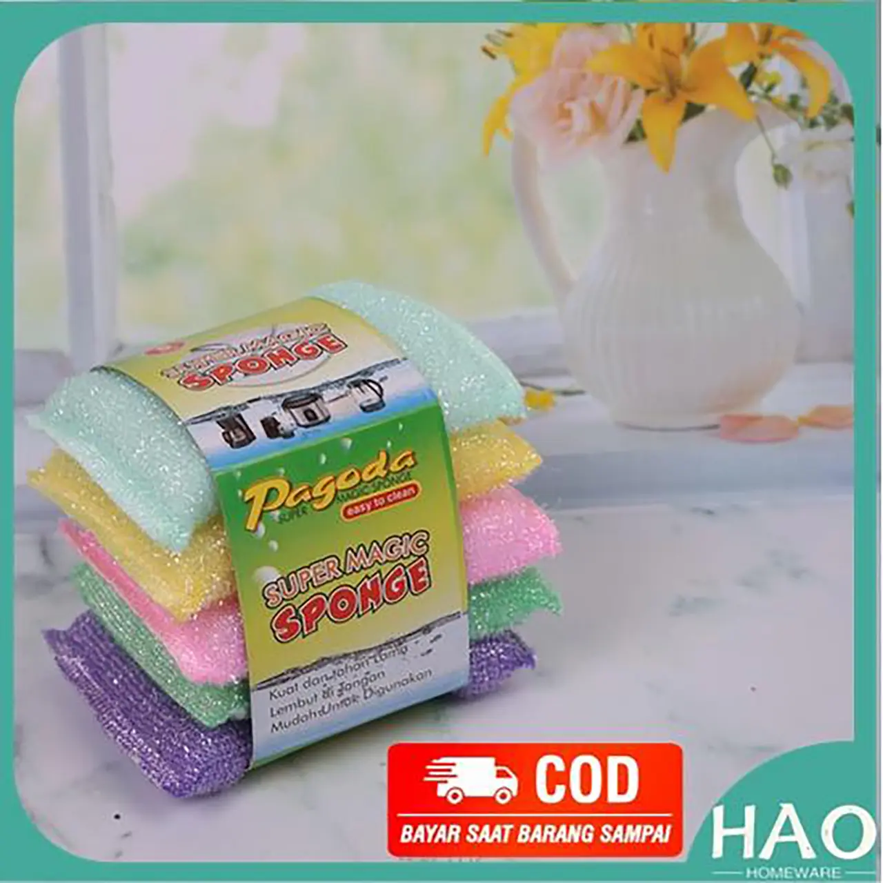 [HAO] Spons Cuci Piring - Sabut untuk cuci piring - Sponge - PAKET 5 PCS Biru Hijau