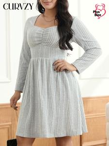 CURVZY Plus Size Solid Ruched Sweetheart Neck Ribbed Dress, Casual Long Sleeve A Line Dress for Spring & Fall, Women's Clothes for Daily Wear