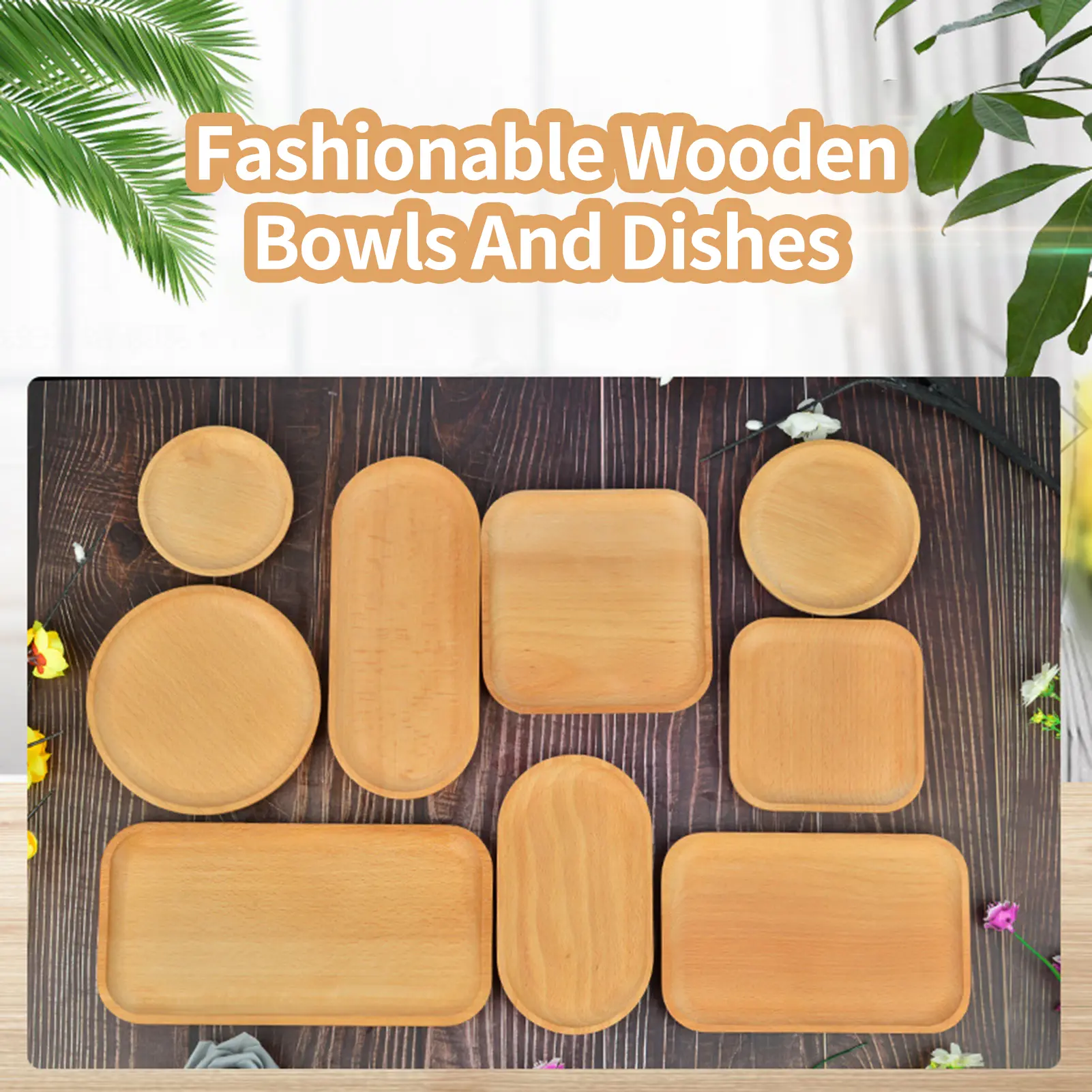 Storage Tray Multipurpose 4 Shapes Solid Wood Square Rectangle  Round Ellipse Dinner Breads Plate Home Supplies