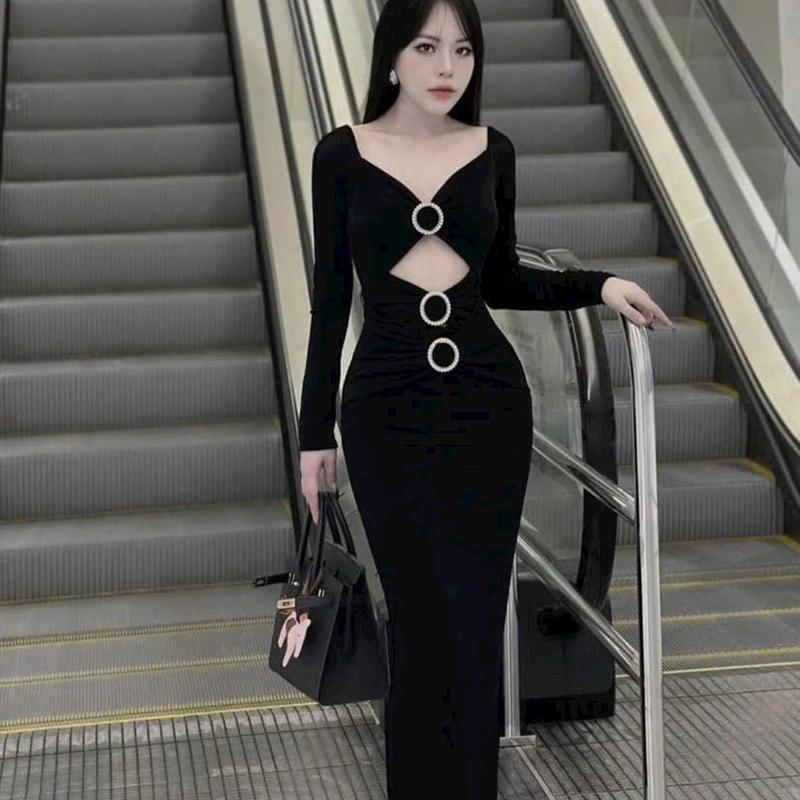  Chiếc body dài cực tôn dáng vạn người mê 3 khoen tạo hình nơ siêu đẹp Ôm gọn Nữ Dress Thông thường Màu Đen váy khoét ngực Voi Voan 