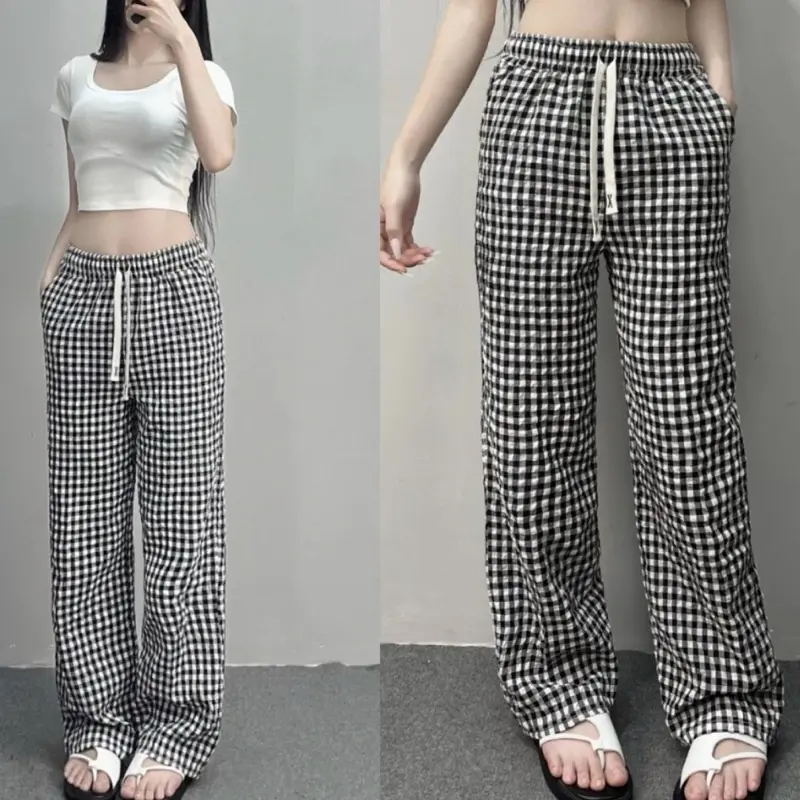 ￼[ Hàng Mới ] Quần Suông Kẻ CaRo,Quần Ống Rộng Kẻ Nhiều Màu Chất Thô Hàn Mềm Mát, Quần Mặc Nhà Thoải Mái Nữ 3