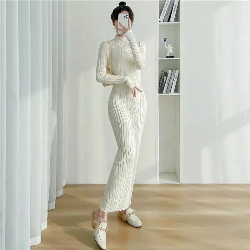 Áo Sơ Mi Lớp Nền Bó Sát Phong Cách Nhật Bản Và Hàn Quốc, Đơn Giản Và Thường Ngày, cổ lọ thấp, Thích Hợp Để Phối Bên Trong, Áo Len Dệt Kim, Váy Quá Gối, Năm 2024 Women Dress Khuy 2