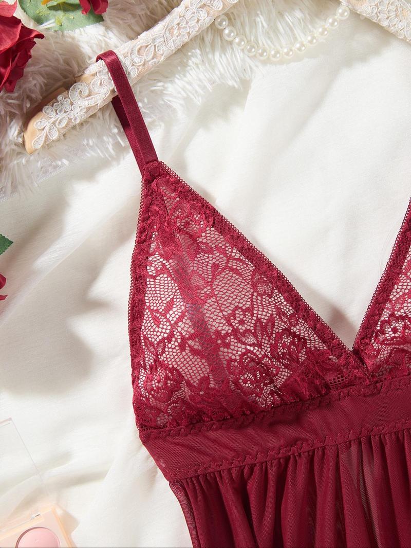 Product Introduction of Women's   Bow Decor Contrast Lace Cami Nightdress & Thong Mesh Sexy Lingerie Set, Adjustable Spaghetti Strap Nighty Dress & Sheer Thong Two-piece Lingerie Set, Ladies' Sleepwear Set for All Seasons 3