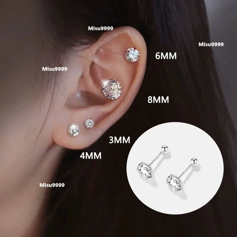 KHuyên tai S925 bạc mạ đính đá tròn xinh (nút bi vặn)