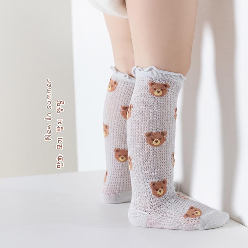 Product Introduction of Baby Socks for Girls Flower/Bear Print Mosquito Protection Mid-Calf Socks Spring Summer Breathable Kids Mesh Thin Socks 28