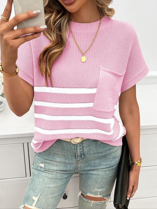 Women's Striped Print Pocket Batwing Sleeve Knit Top, Casual Short Sleeve Round Neck Knitwear, Fashion Ladies' Knit Clothing for Summer Daily Wear 6