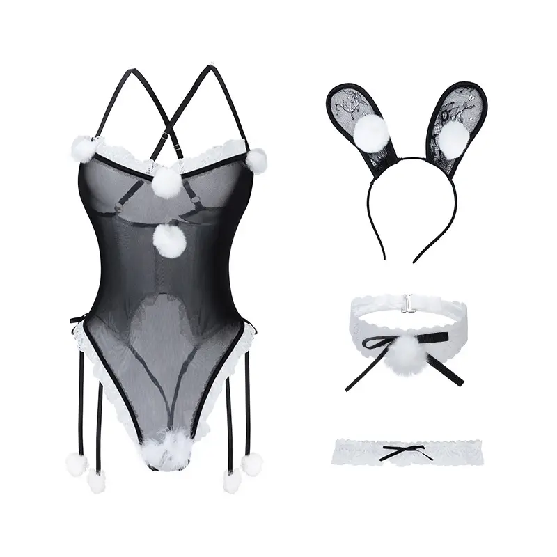YUS012 - bộ đồ thỏ bunny với áo bodysuit hai dây viền ren 2