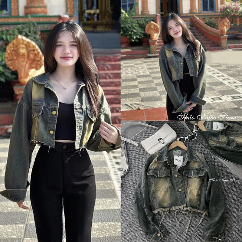 Áo khoác jean nữ croptop tay dài rách line tua 2 túi nắp! (A1) _THẢO NGỌC STORE