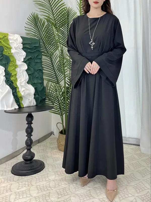Women's Plain Belted Flounce Sleeve Dress without Necklace, Casual Long Sleeve Round Neck Long Dress for Daily Wear, Ladies Clothes for All Seasons, Classy Modest Dresses 3