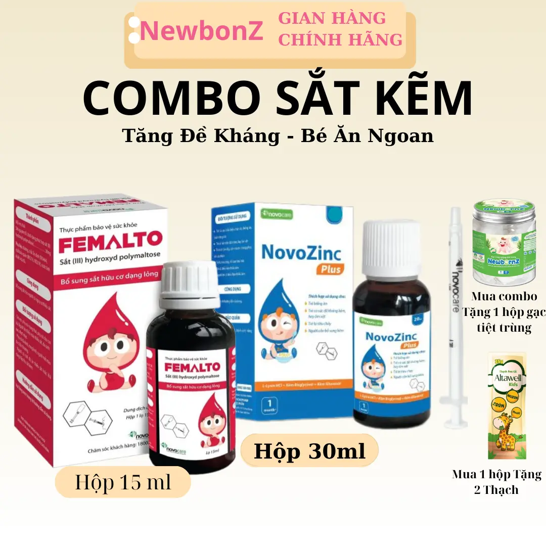 Novocare Combo Sắt Kẽm Hữu Cơ Cho Bé - Sắt Hữu Cơ Femalto 15ml và NovoZinc Plus 30ml Dạng Nhỏ Giọt Giúp Bé Ăn Ngon