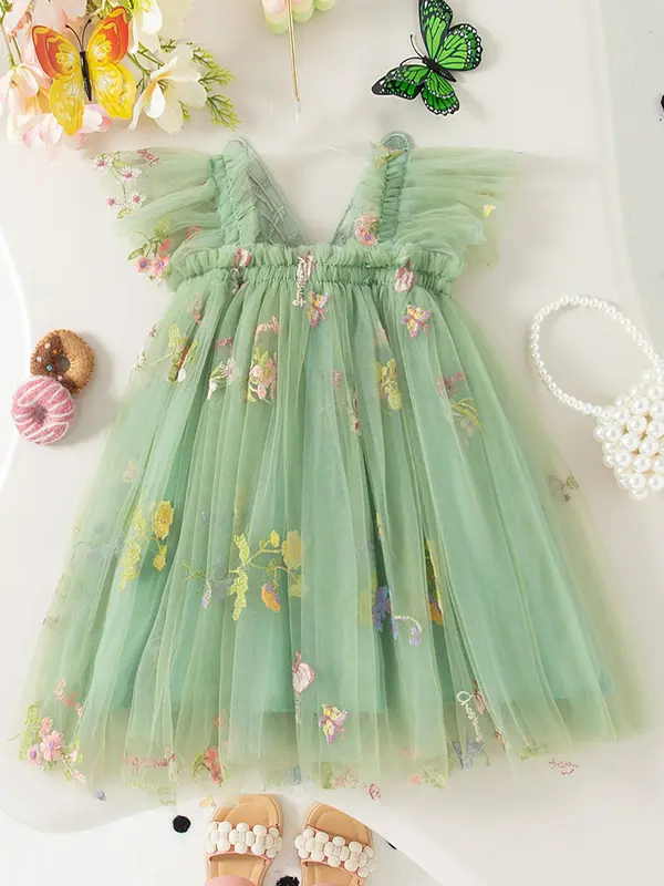 Baby Girl's Floral Embroidery Tulle Dress, Cute Butterfly Sleeve Dress for Party, Infant Toddler Kids Summer Clothes 0