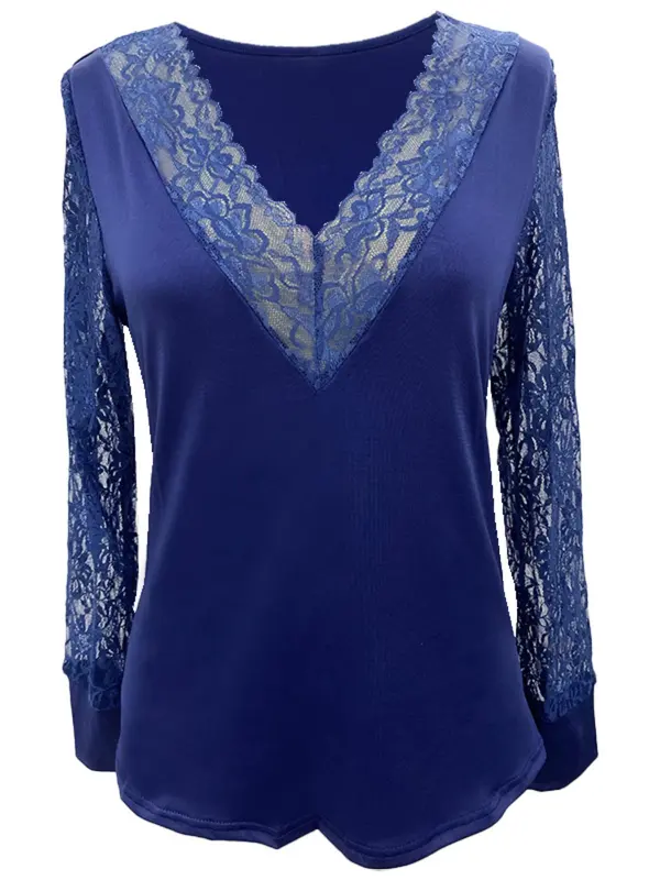 Women's Solid Contrast Lace V Neck Blouse, Fashion Casual Long Sleeve Top for Daily Wear, Women Clothing for Spring Fall, Clothes for Women 8