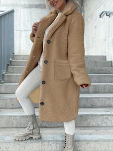 Women's Solid Button Front Pocket Lapel Neck Faux Fur Coat, Casual Long Sleeve Warm Plush Coat for Fall & Winter, Women's Clothing for Daily Wear