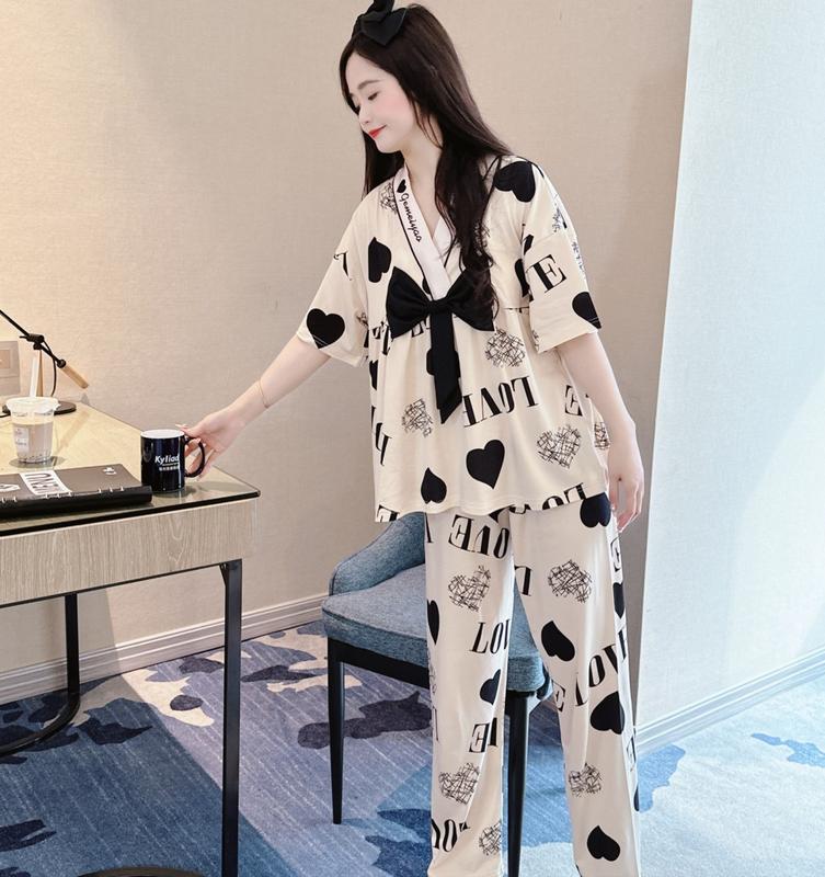 Product Introduction of Women's Pajamas Summer 2023 New Princess Style Three-Piece Bow Short Sleeve Large Size Loose Suitable for Daily Wear Homewear 7