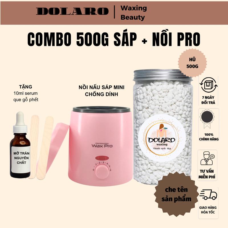 Combo 500g sáp wax lông DOLAROBEAUTY, nồi nấu sáp mini chống dính cao cấp tặng kèm serum và que gỗ Cạo Râu Nữ Waxing
