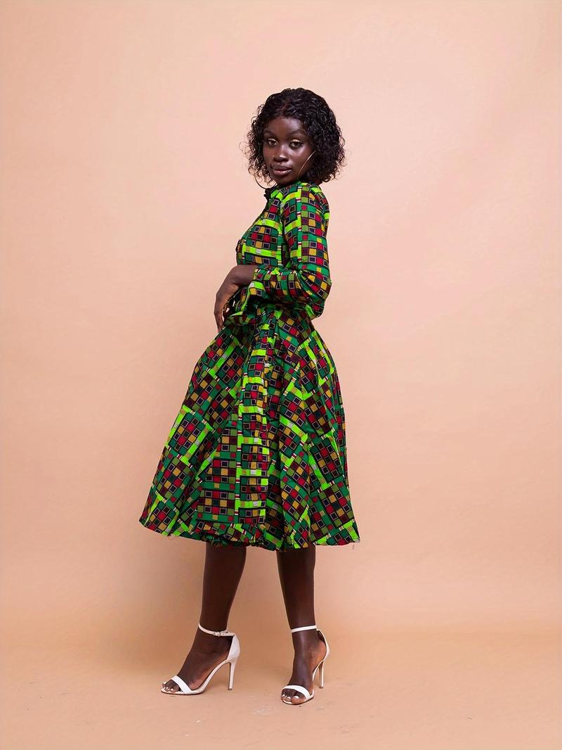 Product Introduction of 【Plus Size】 Geometric Print A Line Dress, Elegant Long Sleeve Collared Dress for Daily Outdoor Wear, Women Plus Clothing for Spring 3
