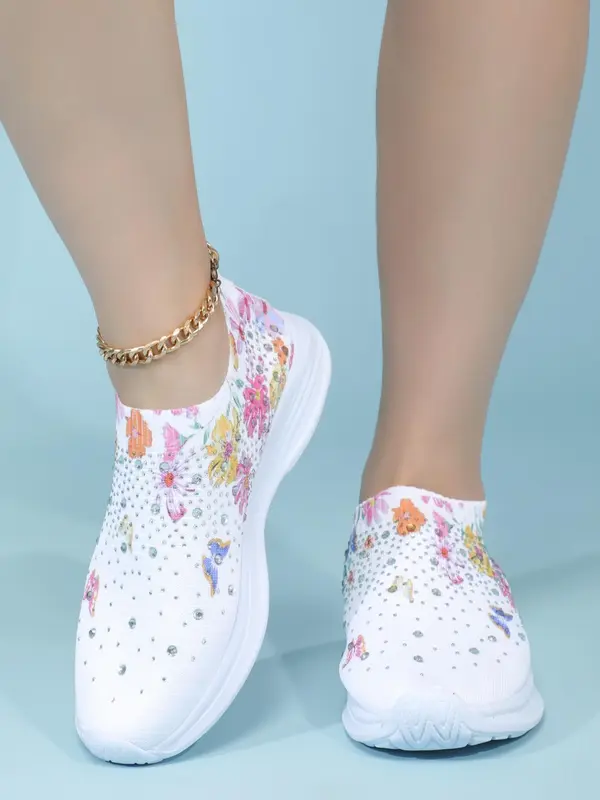Minimalist Casual Floral Pattern Sports Shoes As Galentine's Day & Lovers Day Outfits, Round Toe Lightweight Slip on Sneakers for Girlfriend for All Seasons 0