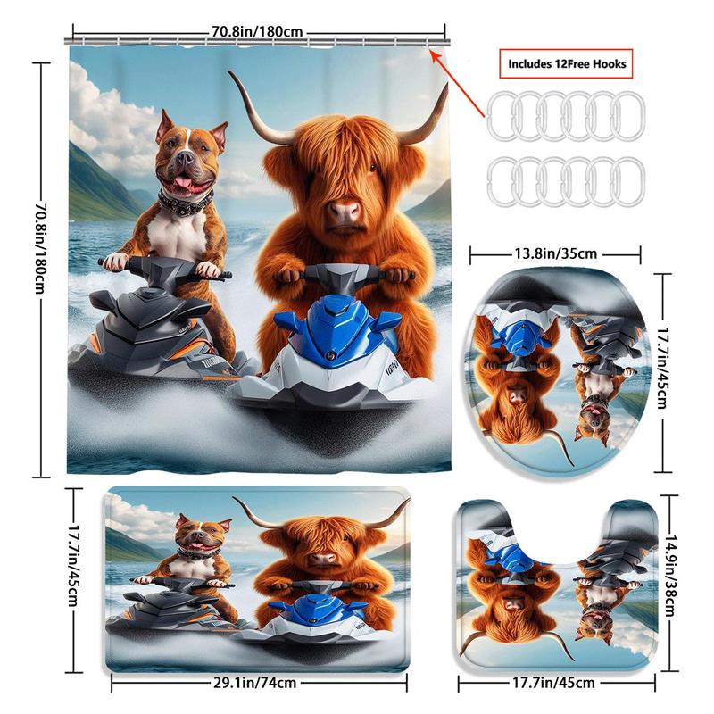 Western Cow Pattern Bathroom Decorations, 4 Counts/set Including Shower Curtain & Toilet U-shape Mat & Bathroom Mat & Toilet Lid Cover, Bathroom Accessories 1