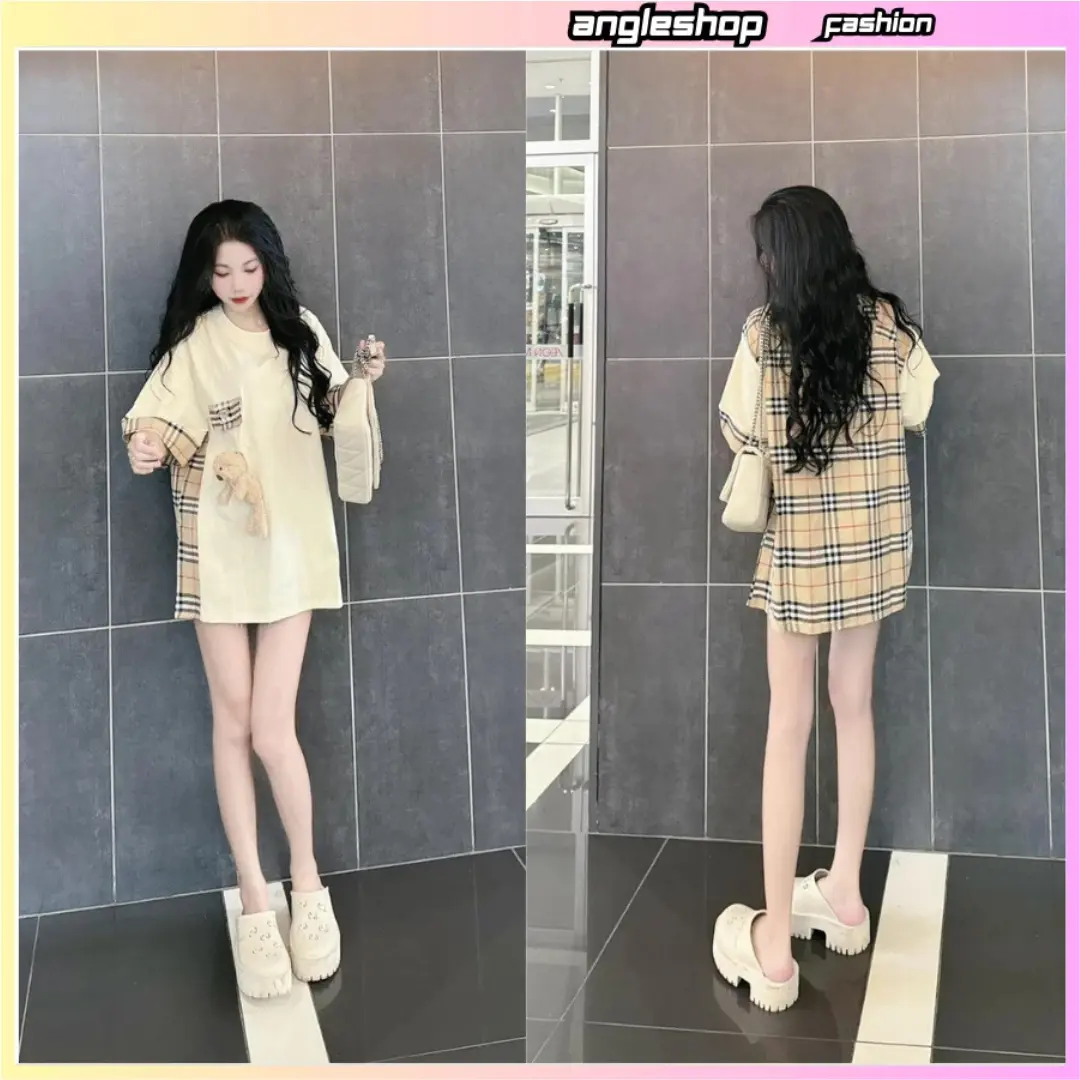 Áo thun nữ tay lỡ kẻ ô chất cotton màu  Kem  có túi kèm gấu cài, áo phông nữ hoạ tiết kẻ mặt lưng hothit áo  sơ  mi  kẻ  caro  girl  phố áo  phông  nữ