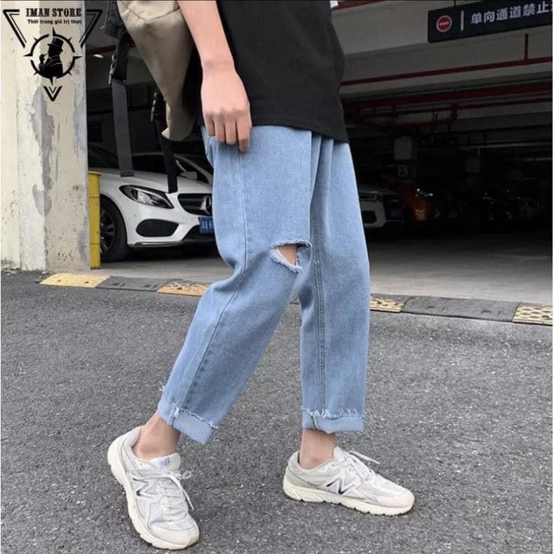 Quân Rách Gấu + Gối Phải Jean Baggy Nam Nữ Menswear Quần Pants Có Túi