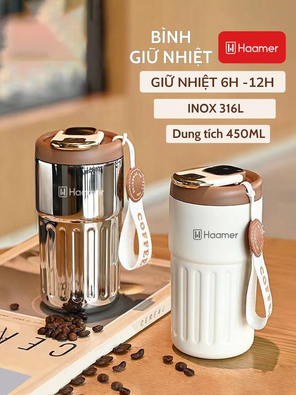 Bình Giữ Nhiệt Haamer Inox 316L Màn Hình Led Hiển Thị Nhiệt Độ An Toàn Thực Phẩm Giữ Nhiệt 6h 450ML Tiện Lợi - B011