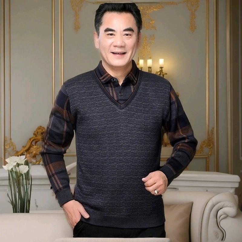 Áo len lót nhung cổ sơ mi hàng cao cấp 2024 dành cho tuổi trung niên và người cao tuổi, họa tiết kẻ tinh tế, sang trọng Dệt