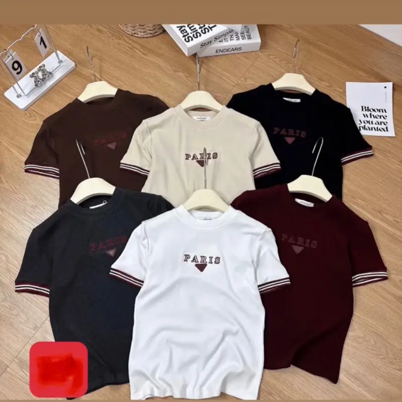 Áo thun thêu kẻ viền tay feesz