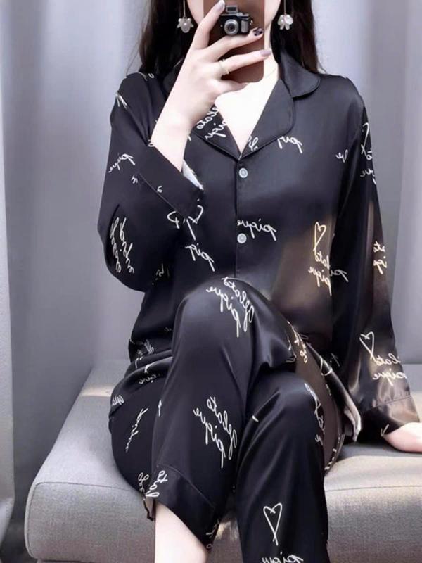 Đồ nữ Pijama ALADY lụa Latin cao cấp, màu đen sang trọng họa tiết chữ trái tim tay dài - TD0081 3