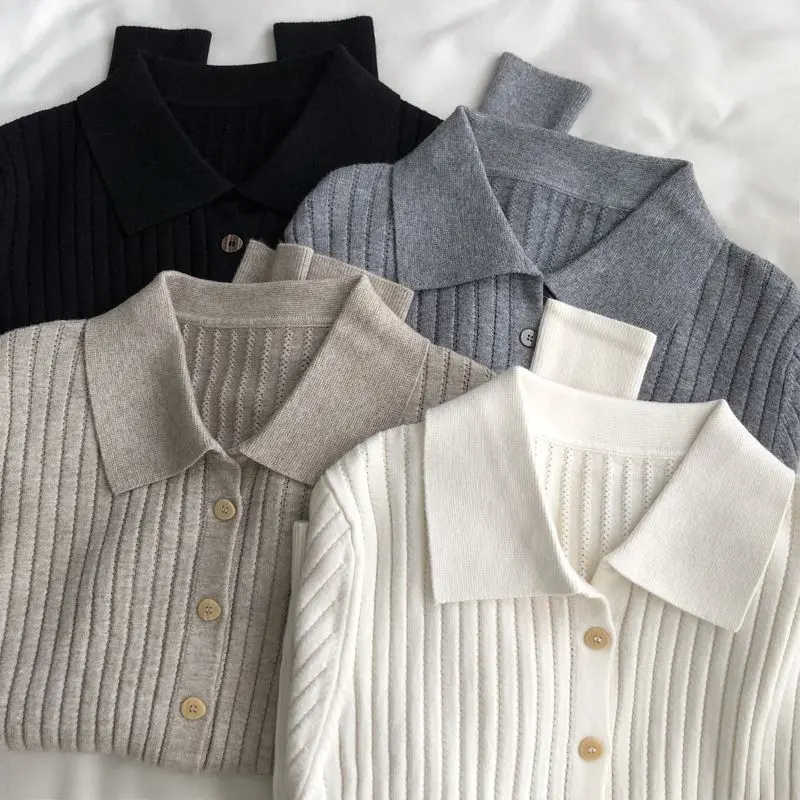Áo Cardigan Dệt Kim Có Gân, Phong Cách Hàn Quốc, Cổ Polo, Màu Trơn Một Hàng Cúc, Dáng Ôm, Áo Len Dài Tay, Khăn Choàng Áo Khoác Nhỏ, Thích Hợp Cho Năm 2025 Nữ Women Top