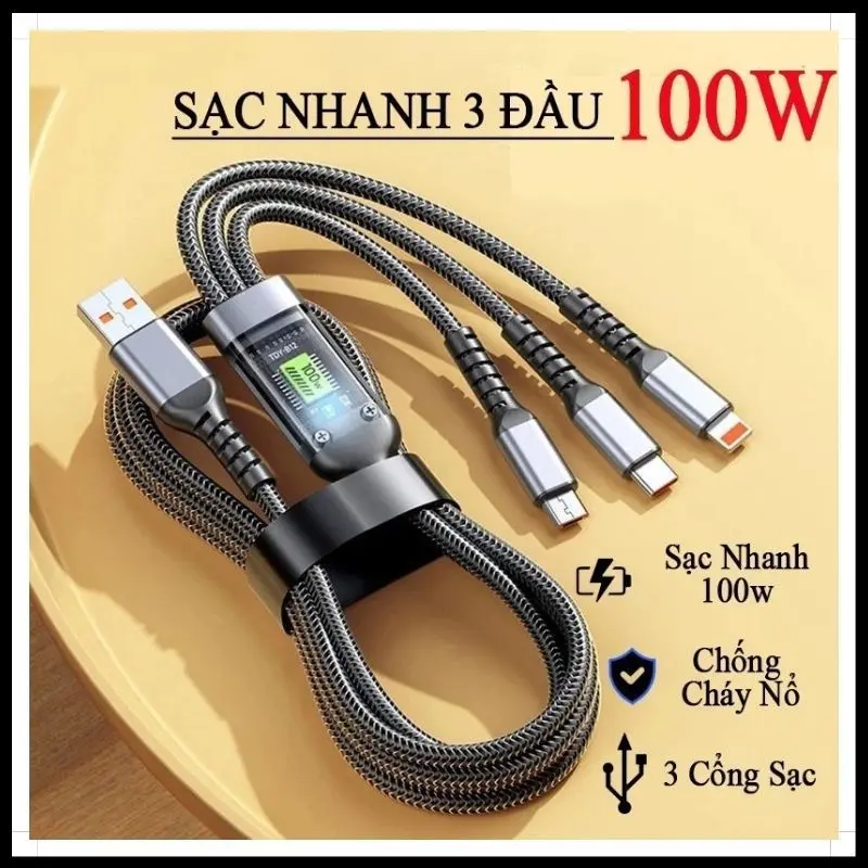 Dây Sạc Tự Ngắt 3 Đầu 100W Micro USB Type C 3 trong 1 Dài 1m2 - Dây Sạc nhanh