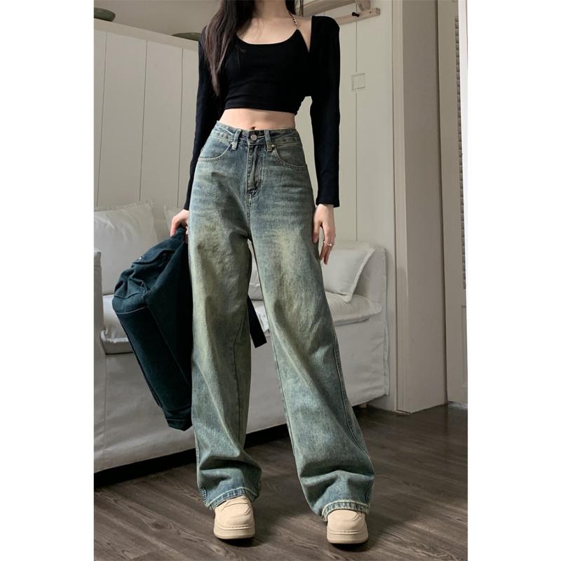 Quần Jean ống rộng lưng cao màu xanh cổ điển S28 Nữ Women Pants Denim 3