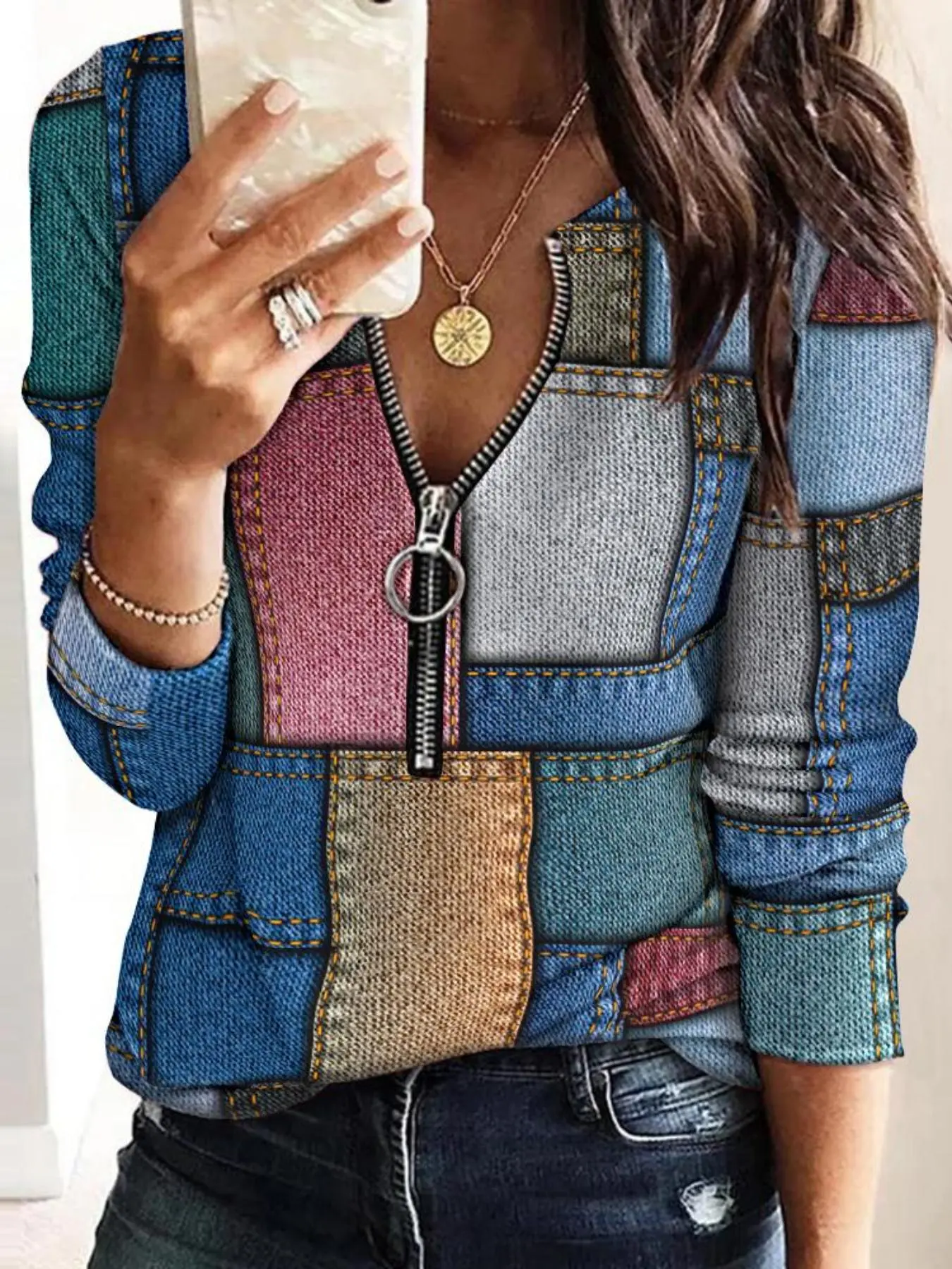 Women's Patchwork Print Half Zip Up Tight Sleeve Tee, Casual Long Sleeve Round Neck Top for Spring & Fall, Women's Clothes for Daily Outdoor Wear, Comfort Womenswear