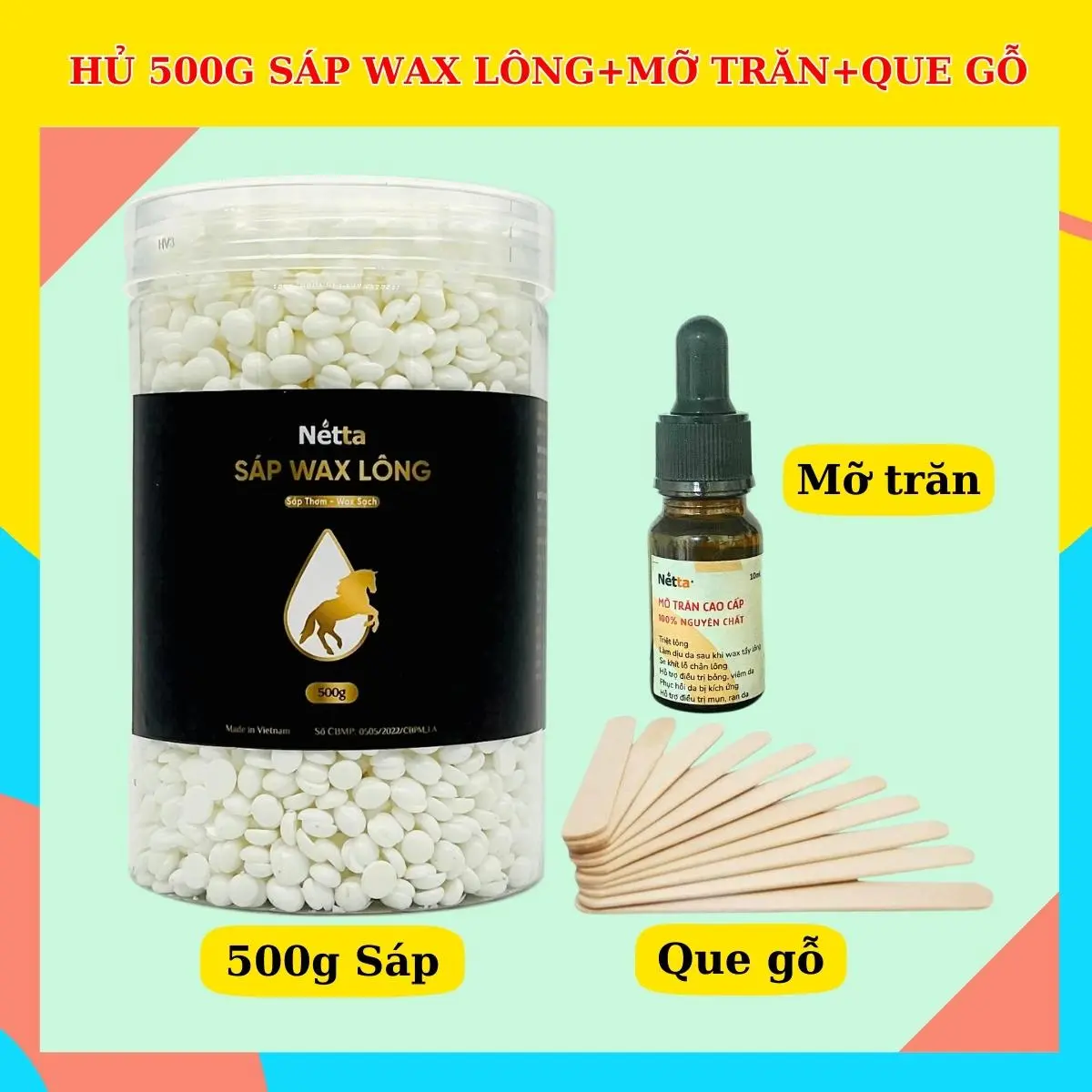 Combo 500g sáp wax lông + Mỡ trăn 10ml + Que gỗ, Sáp dẻo, thơm, wax sạch lông Waxing Cạo Râu
