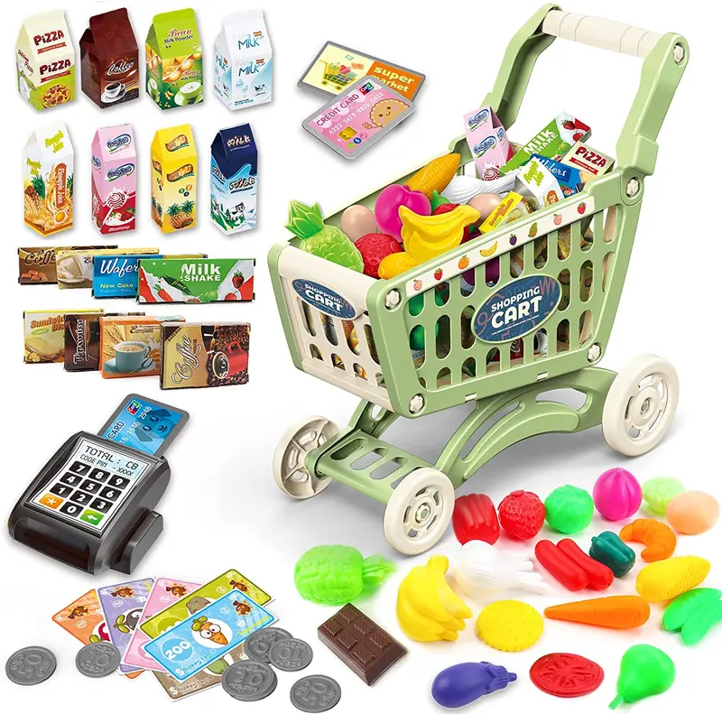 deAO Kids Shopping Cart Toy - Easy Assemble Supermarket Playset with Groceries, POS Machine, Plastic Money & Credit Cards, Educational Role Play for Ages 3+ 0