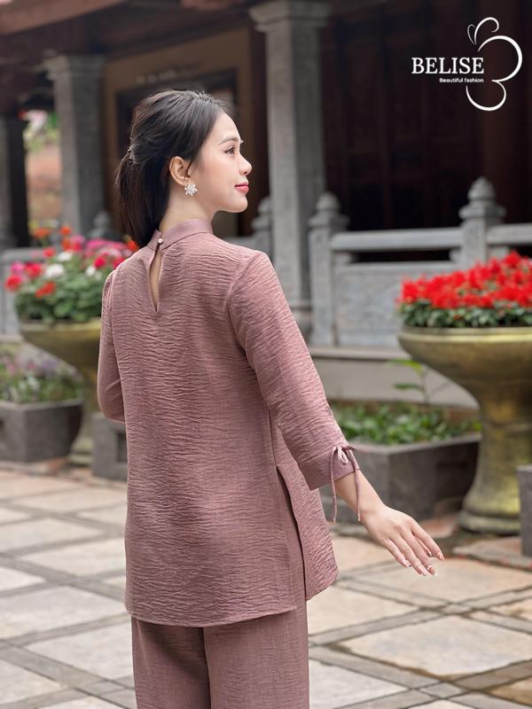 Pháp phục chất đũi xước nâu khoai môn cổ tàu có nơ trang trí - Belise Fashion Nữ Voi Women Áo 3