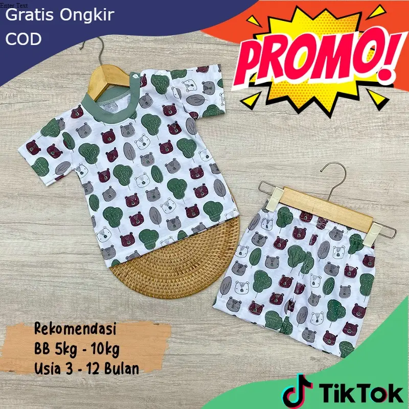 (Motif Leaf) Setelan Bayi Lengan Pendek Kancing Bahu Setelan Main Anak Bahan Teteron Cotton Usia 3-12 Bulan SNI Abu Bunda Green Katun Merah Denim Parsel