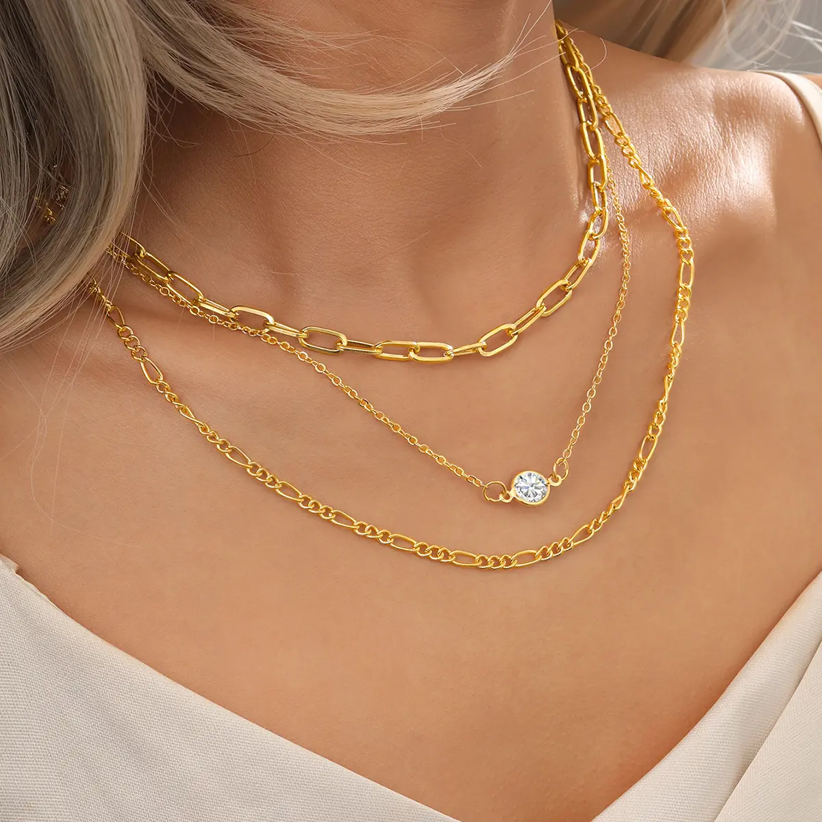 Minimalist European and American Style Rhinestone Chain Necklace 3-Piece Set Creative Multi-Layer Stacking Women's Jewelry Set