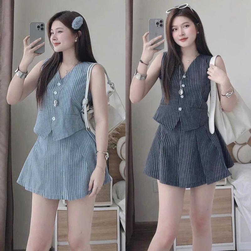 Thời Trang Bigsize Set Quần Giả Váy Áo Cổ Tim Phối Nút Thanh Lịch Vải Sọc Chỉ Đứng Form  40 - 90Kg Dễ Thương - A.1571