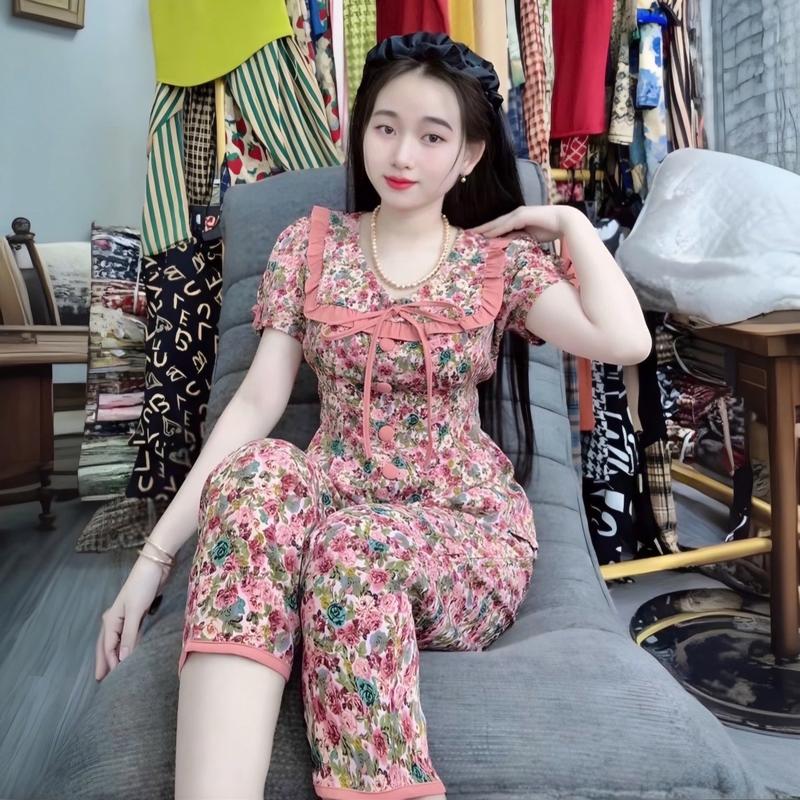 Đồ bộ 9 tấc lụa Mango tay ngắn cổ bèo viền quần #0796