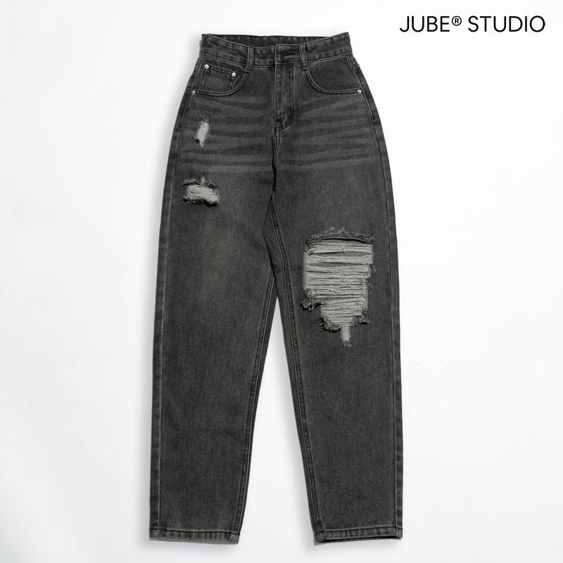 Quần Baggy Jean Nữ  Lưng Cao Không Co Giãn Rách Gối Kiểu Cá Tính Denim 5